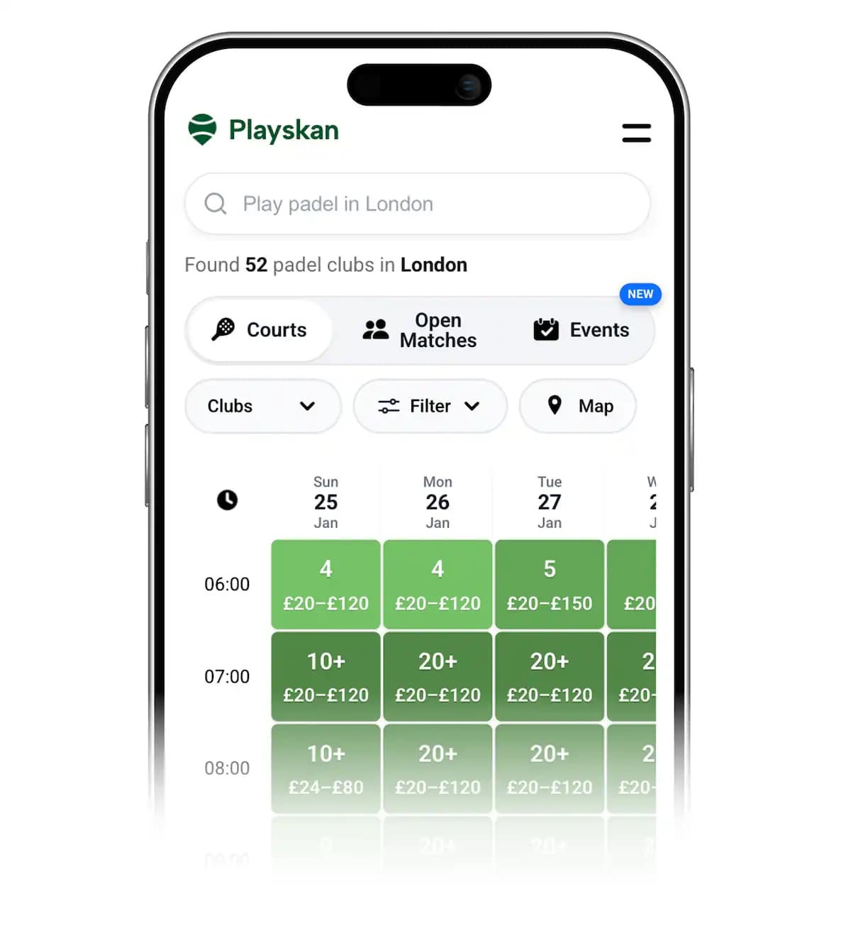 Playskan lets users compare padel court prices and availability across Playtomic, Matchi, and Padel Mates across the UK.